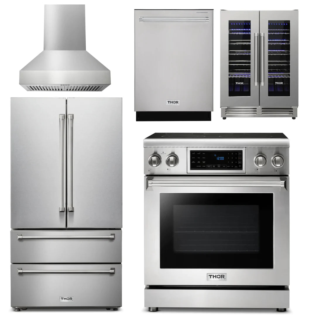 30 Electric Range, Range Hood, Refrigerator, Dishwasher, Wine Cooler E735