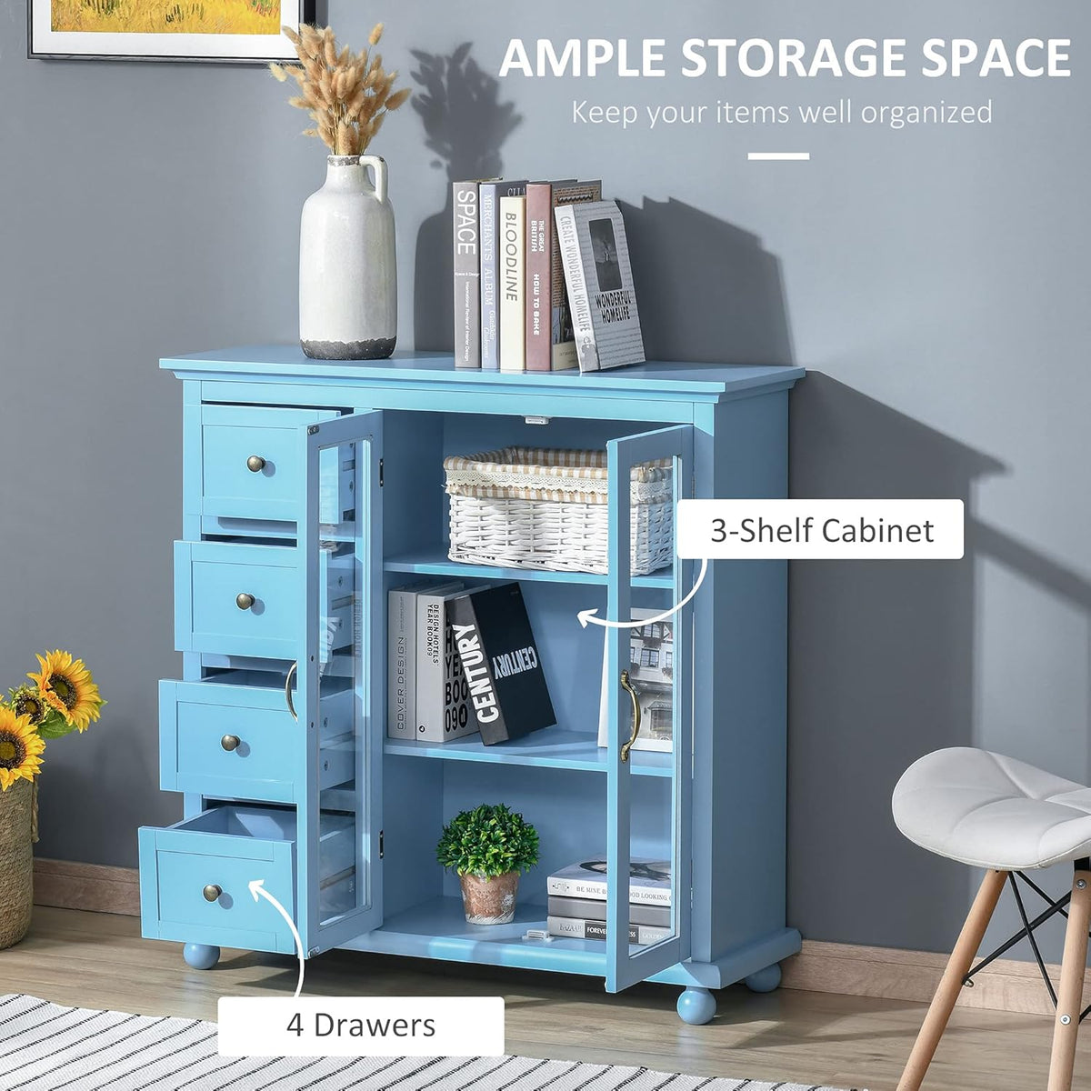 Storage Sideboard Cabinet with 4 Drawers and Glass Door Cupboard V79343