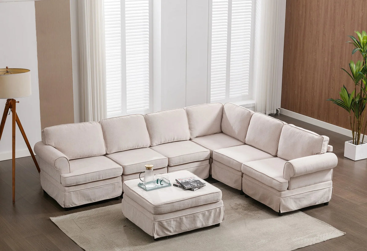 Beige Linen U Shape Convertible Sectional Sofa with Ottoman P49064