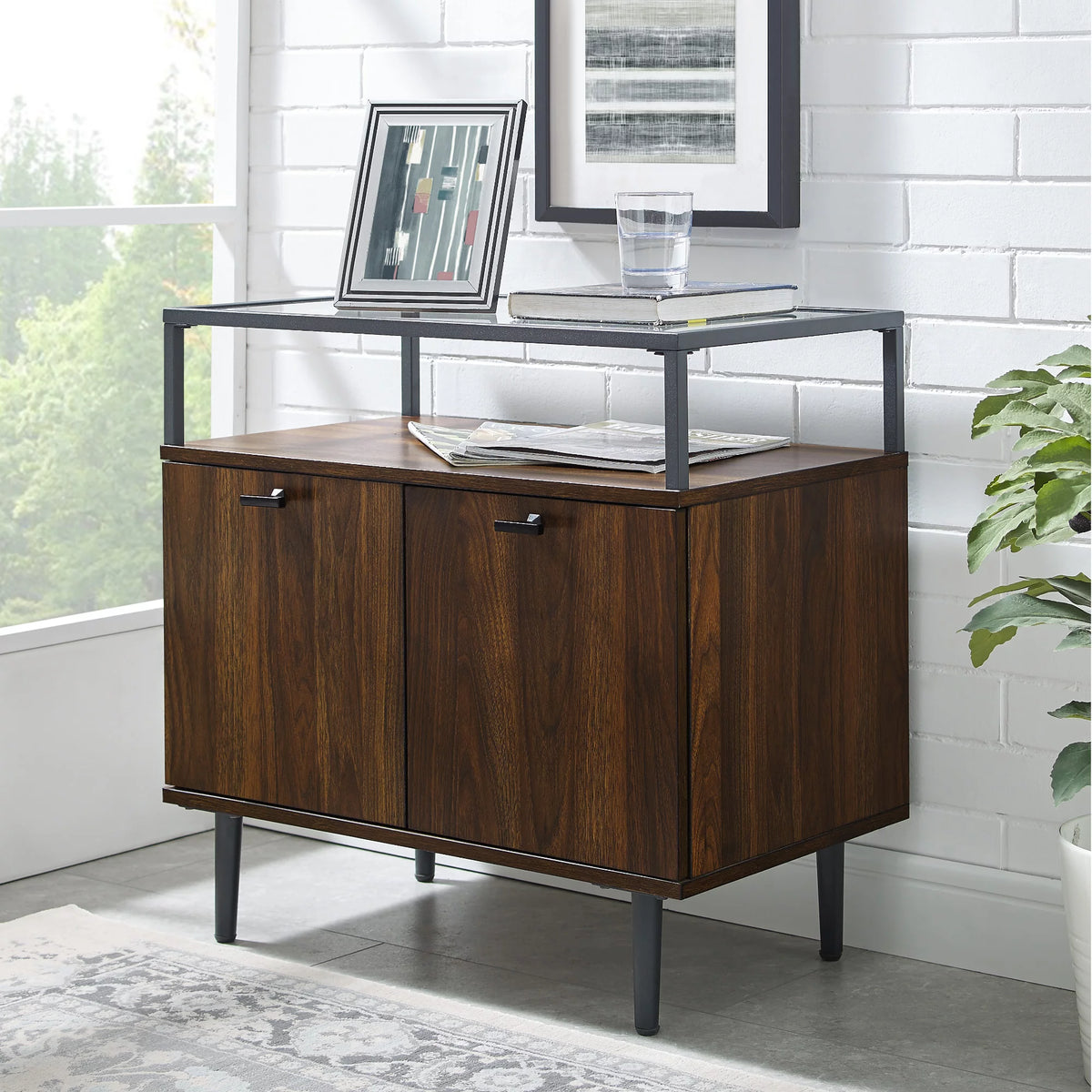 Glass Top Two-Door Nightstand Set of 2 Dark Walnut Y42140