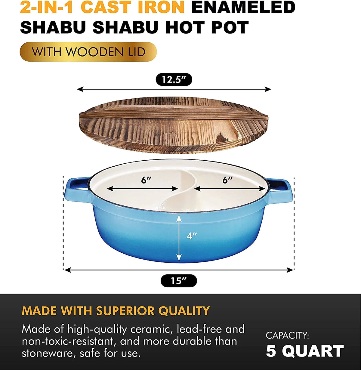 2-In-1 Cast Iron Shabu Shabu Hot Pot with Wooden Lid M218