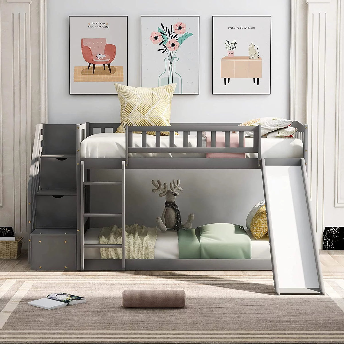 Wooden Bunk Bed with Slide and Guardrail Z9242