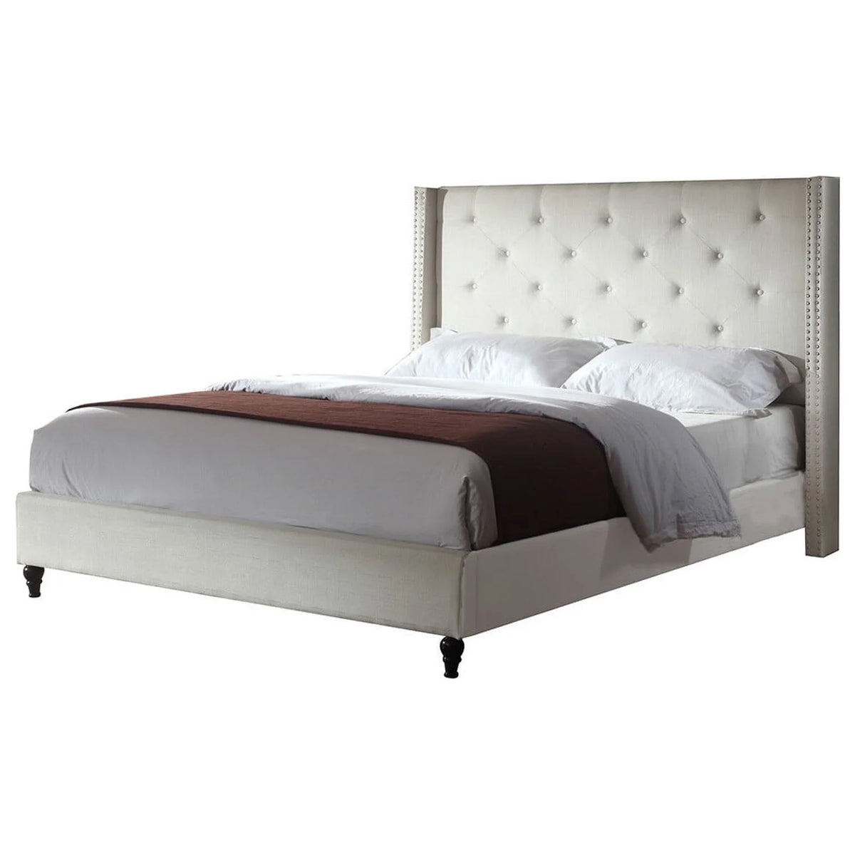 Beige Fabric Upholstered Wingback Platform Bed T9571