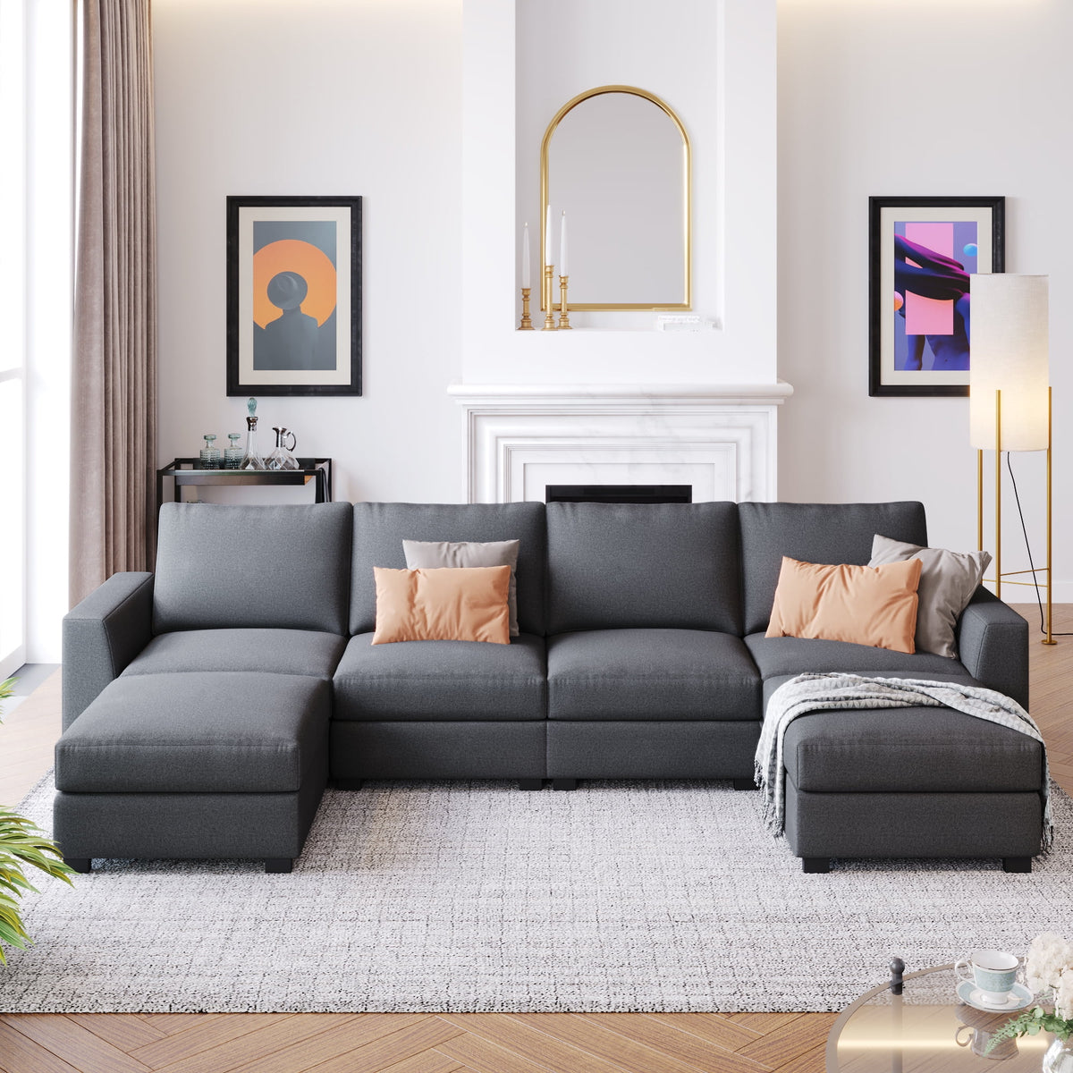 Gray U Shaped 6 Seater Sectional Sofa with Ottomans G407498