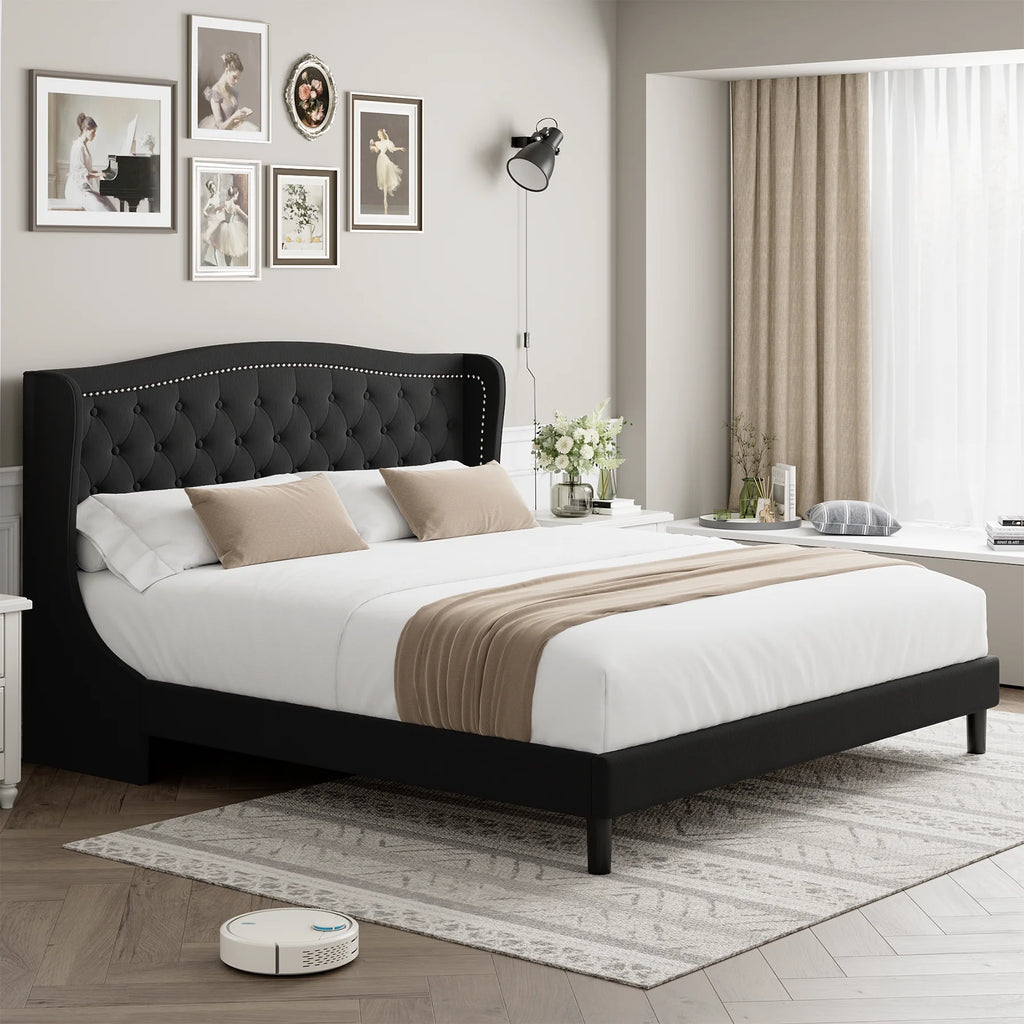 King Bed Frame with Wing-Back Button Tufted Upholstered Headboard R580527