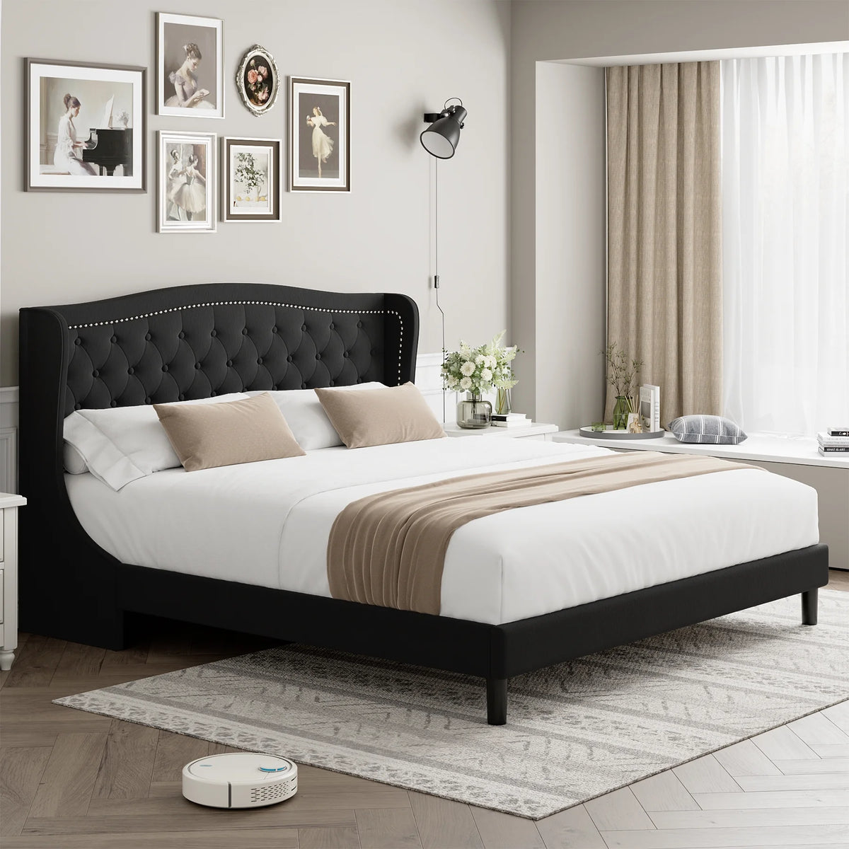 King Bed Frame with Wing-Back Button Tufted Upholstered Headboard R580527