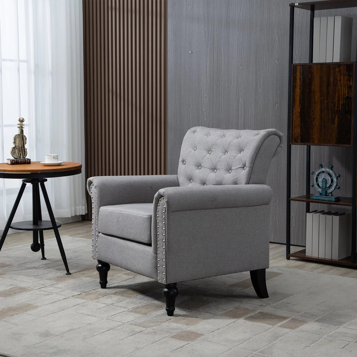 Light Grey Linen Accent Chair with Wood Legs T198407