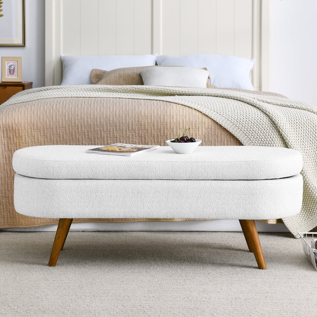 White Oval Storage Ottoman Bench with Rubber Wood Legs I5538