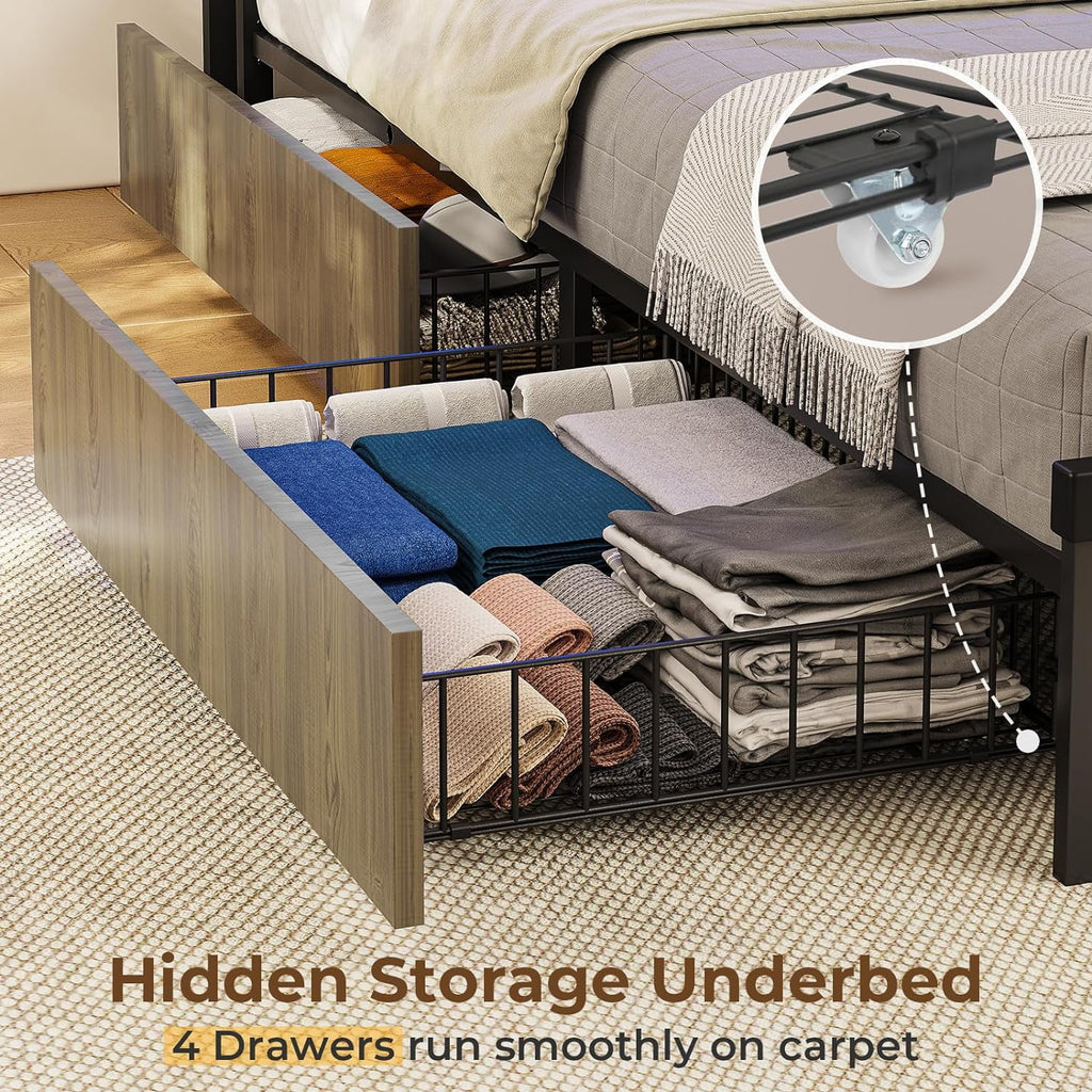 Queen Size Metal Platform Bed Frame with Storage Headboard and 4 Drawers X23921