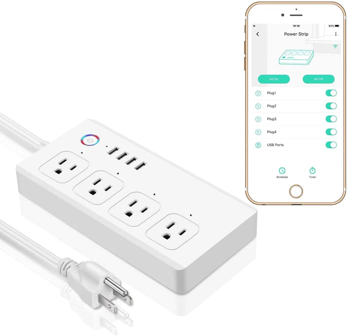 Smart Power Strip with 4 USB Charging Ports 4 AC Plugs V467012
