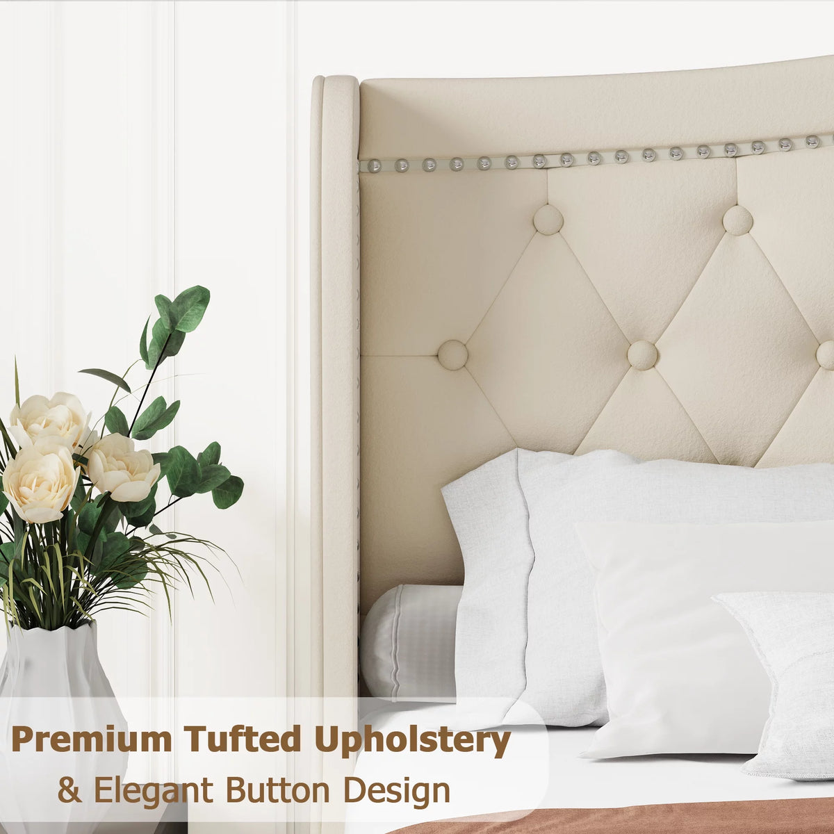 King Bed Frame with Wing-Back Button Tufted Upholstered Headboard R580527