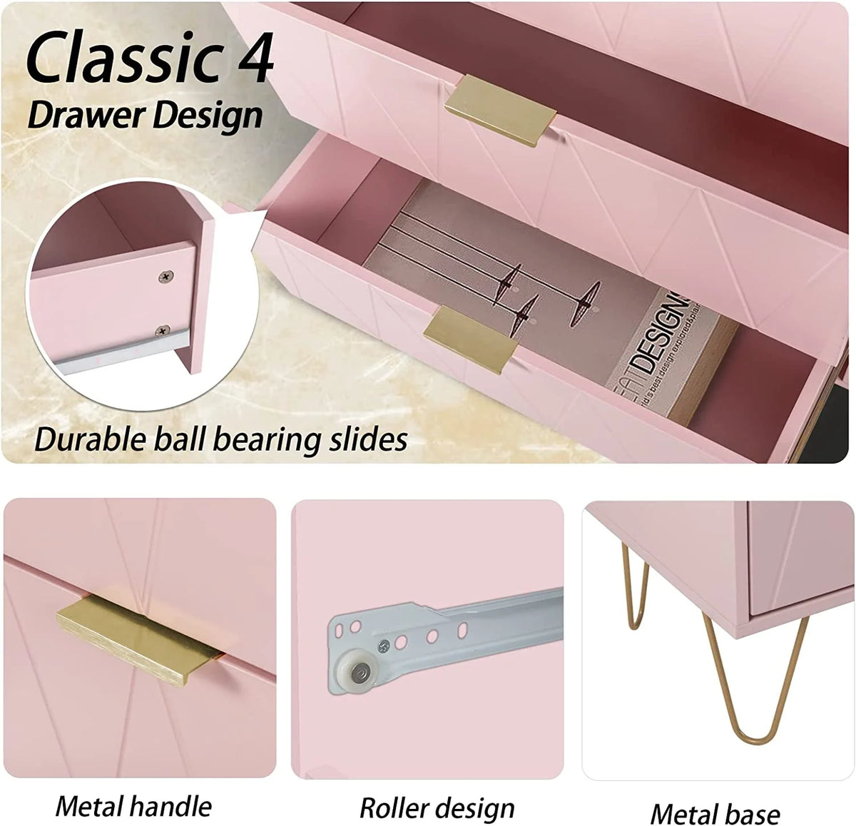 4 Drawer Dresser Chest Cabinet Organizer with Metal Legs Y563