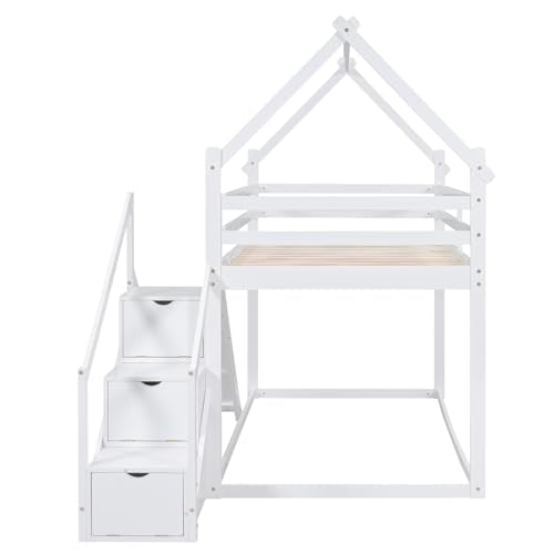 White Twin Over Twin Wood Bunk Bed with Slide and Storage Stairs O7687