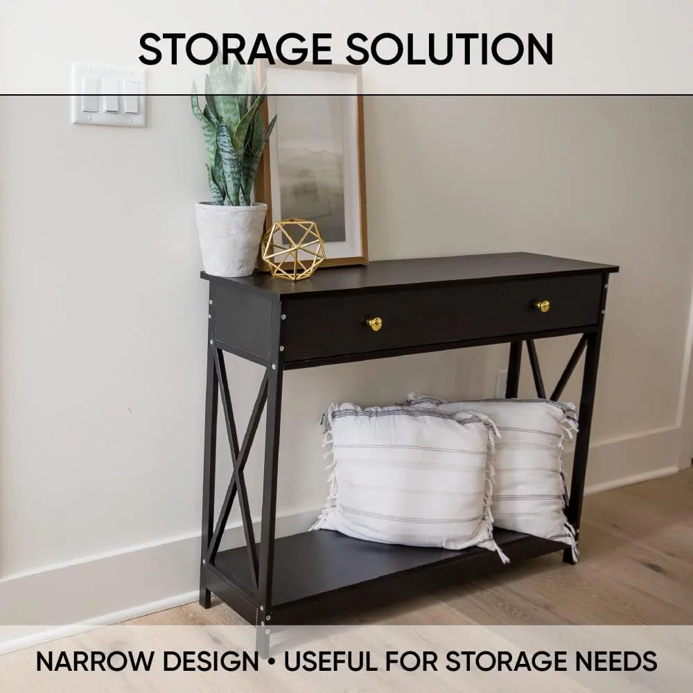 Narrow Wood Sofa Table with Drawer and Shelf C37382