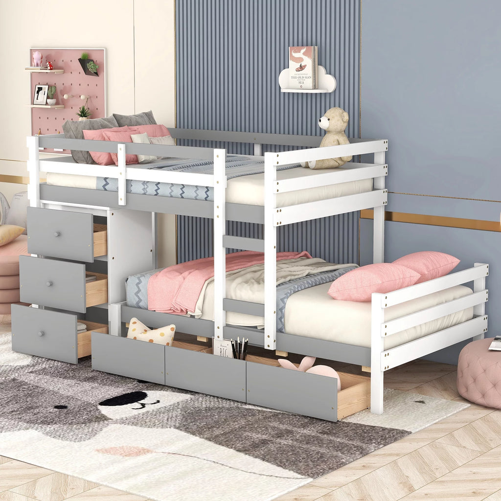 Twin over Twin Bunk Bed with Six Drawers Gray J122