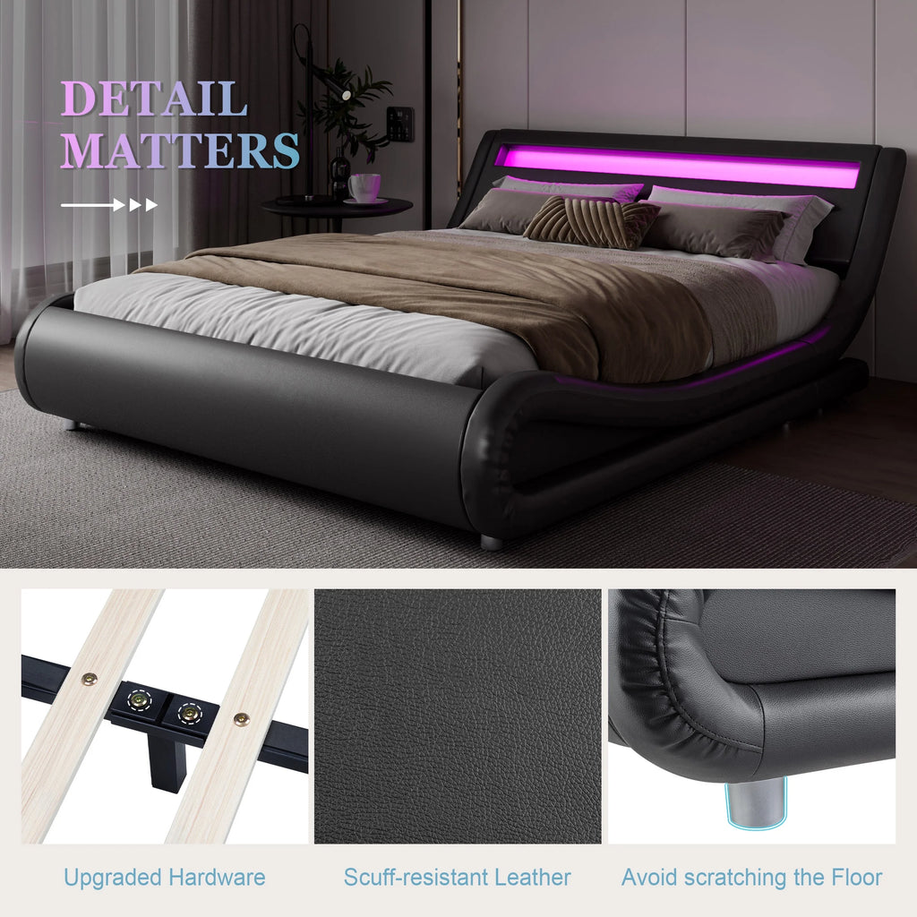 Queen Size Upholstered Bed Frame with LED Headboard, Black J28905