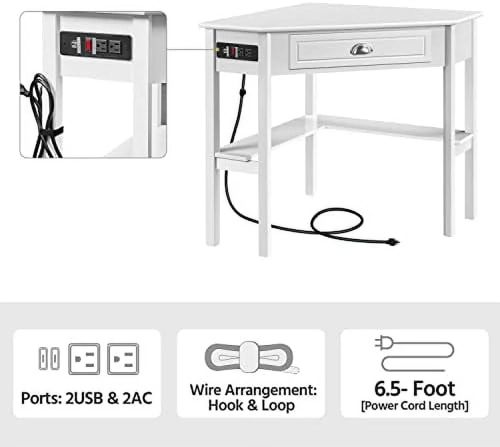 L Shaped Corner Computer Desk with Power Outlets White A7330