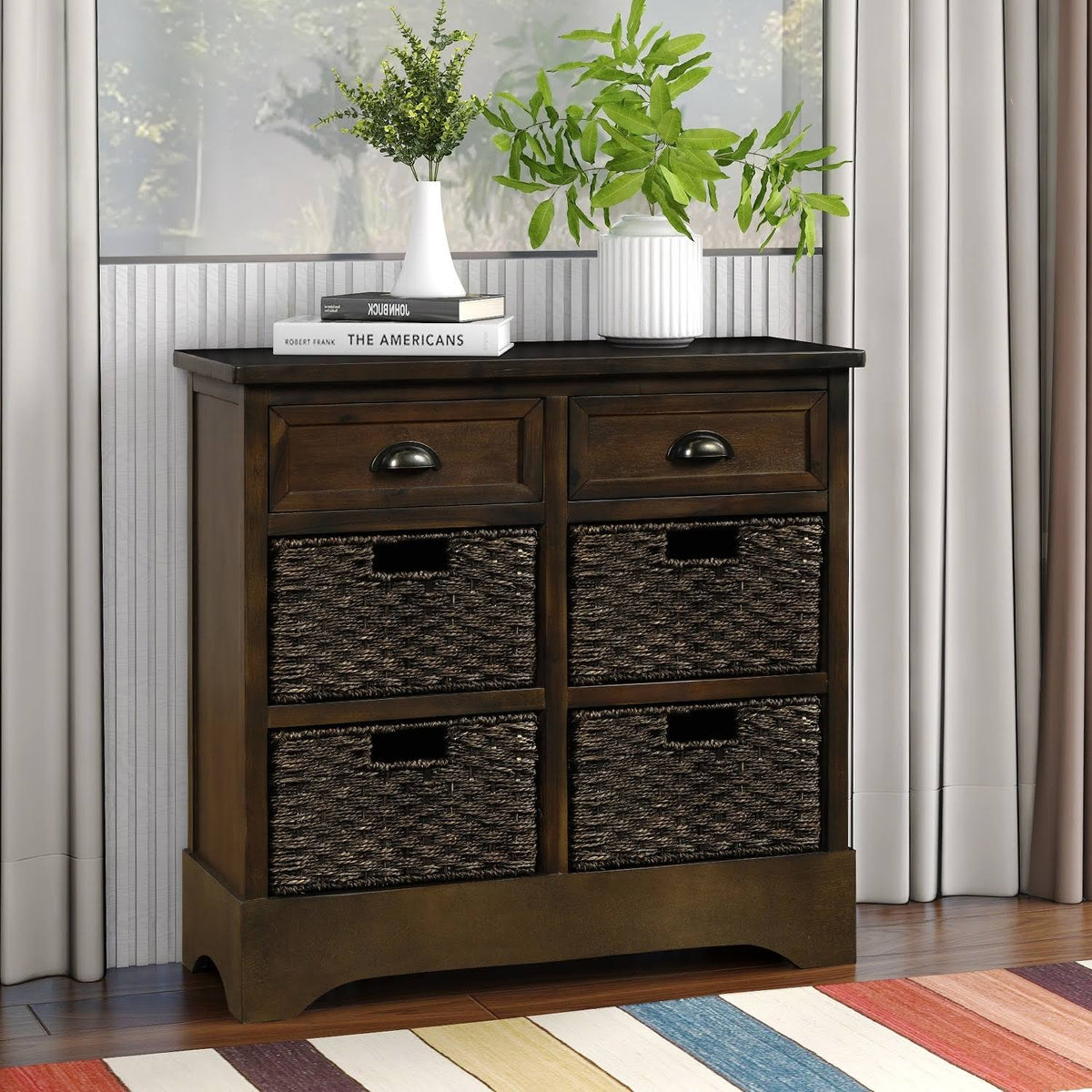 Rustic Storage Cabinet with 2 Drawers and 4 Fabric Basket S8919