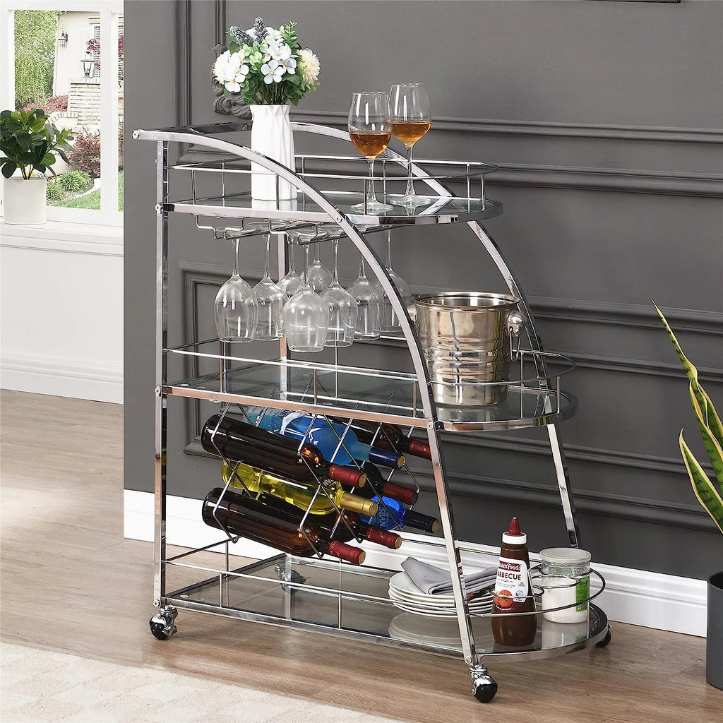 3-Tier Metal Mobile Bar Cart with Wheels & Wine Rack T9123