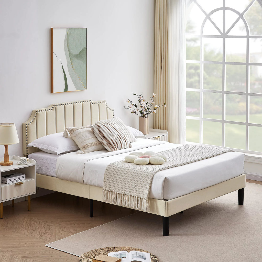 Queen Size Upholstered Platform Bed Frame with Nailhead Trim H33820