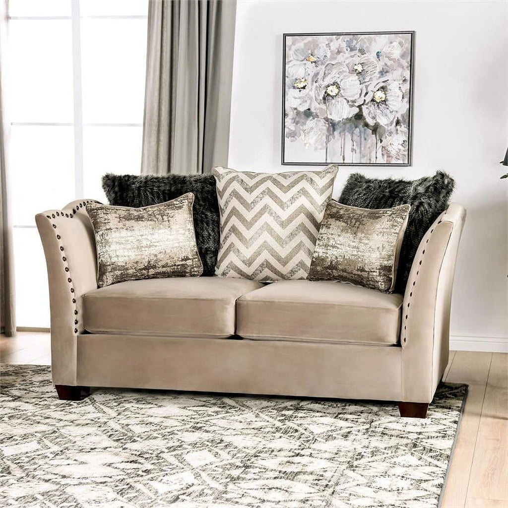 Beige Fabric Nailhead Loveseat U989365