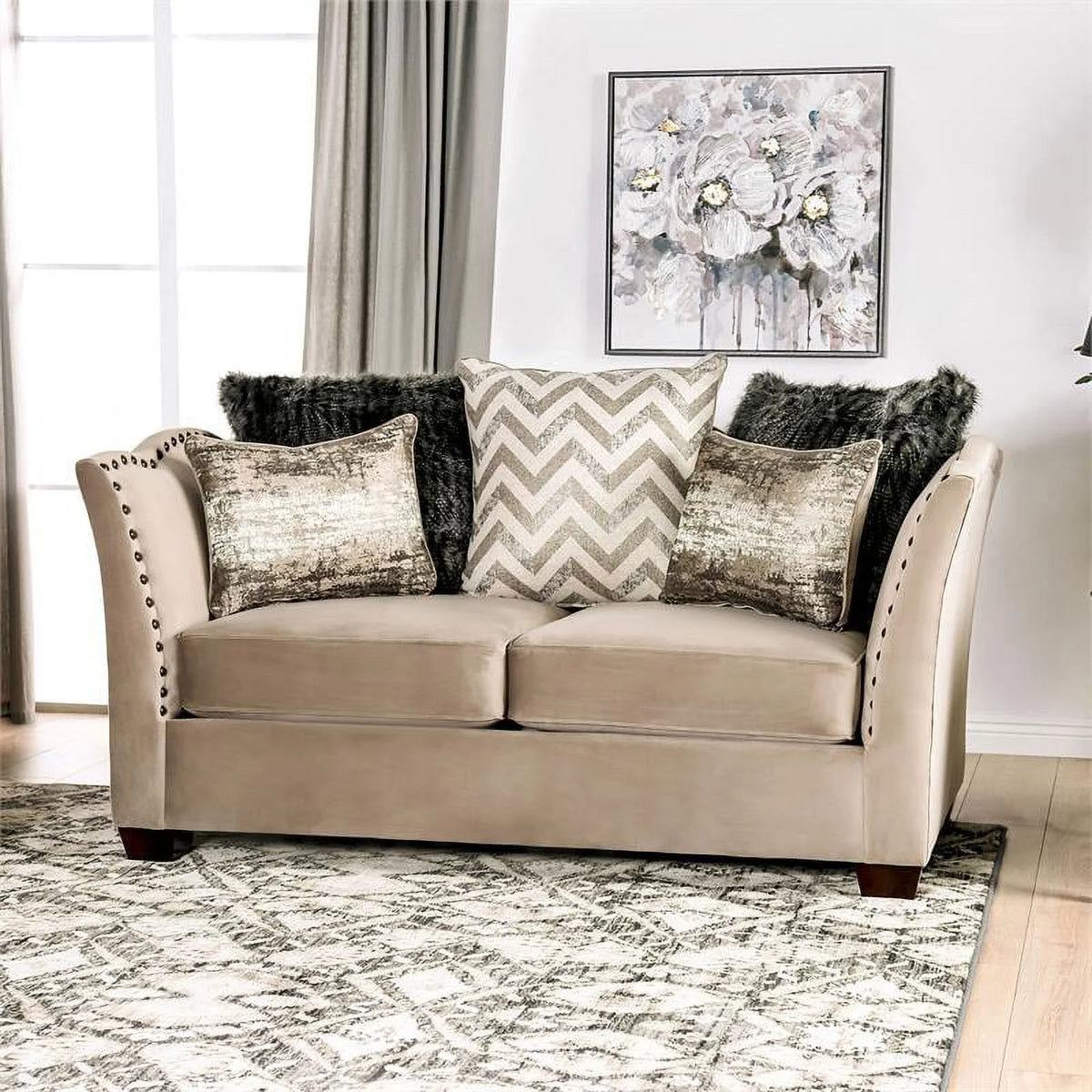 Beige Fabric Nailhead Loveseat U989365