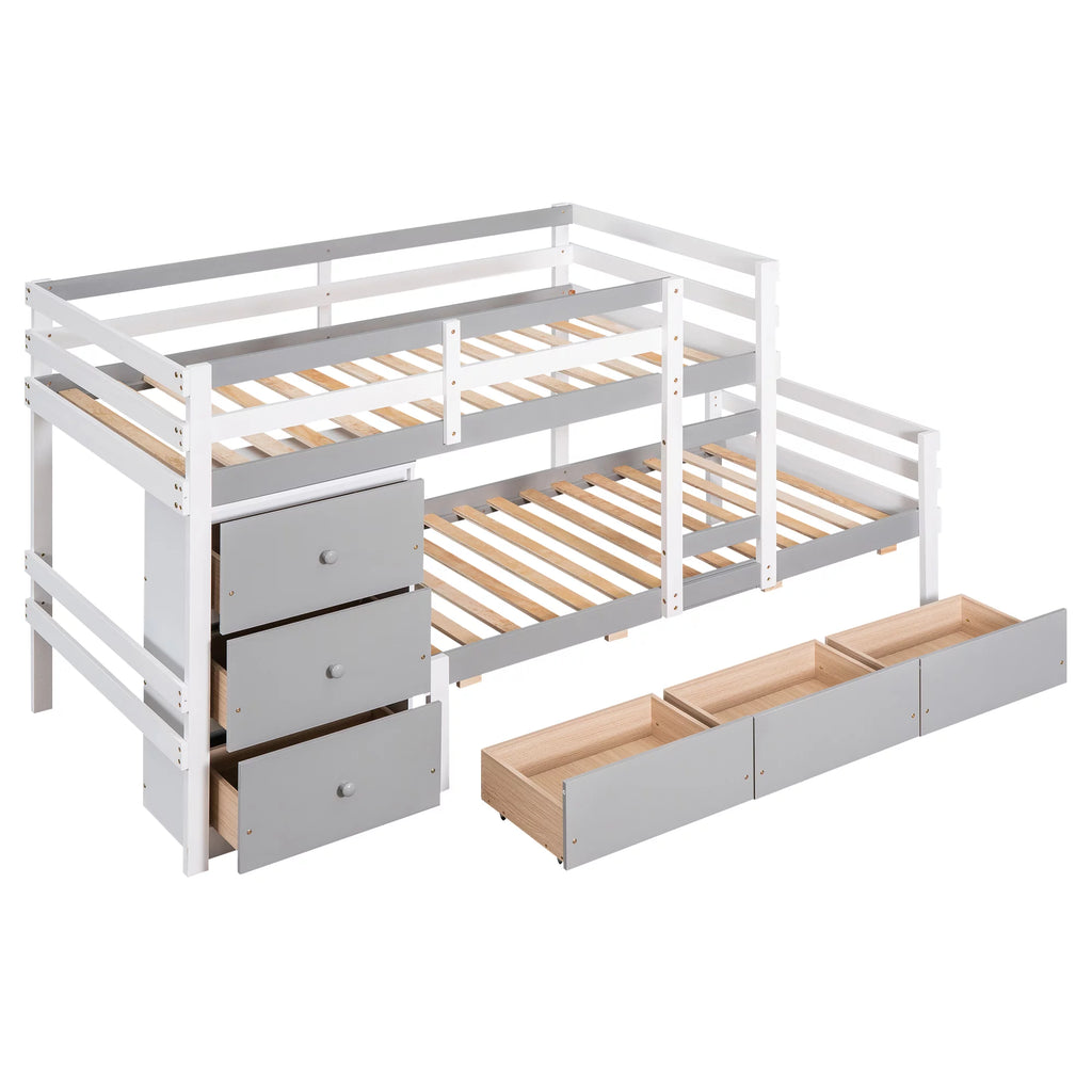 Twin over Twin Bunk Bed with Six Drawers Gray J122