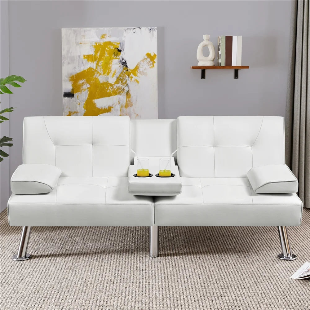 White Faux Leather Futon Sofa Bed with Cup Holders S2753