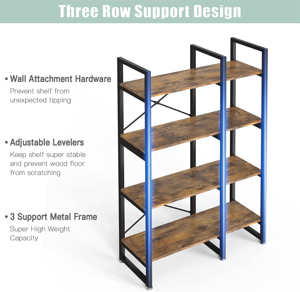 4 Tiers Double Wide Rustic Brown Bookshelf with Metal Frame N580