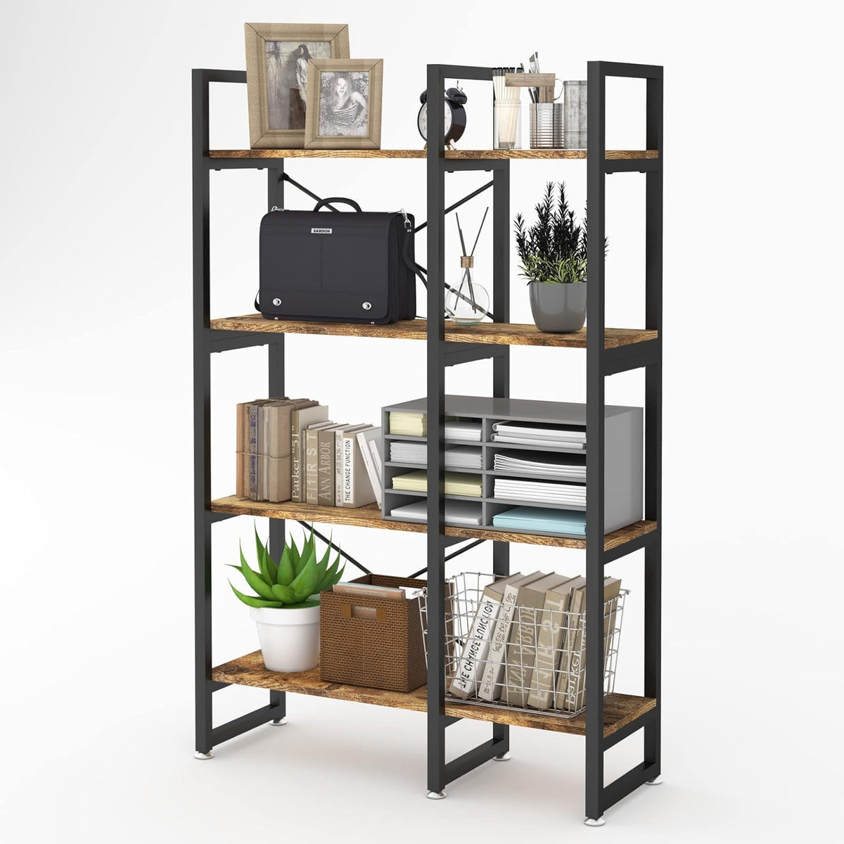 4 Tiers Double Wide Rustic Brown Bookshelf with Metal Frame N580