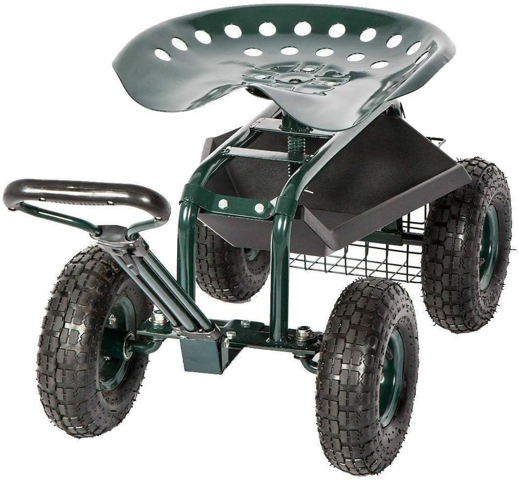 Rolling Garden Cart Work Seat with Swivel Seat & Utility Basket E415