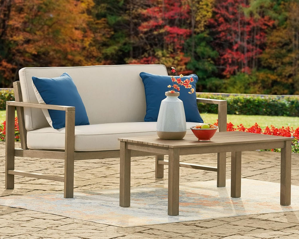 Beige Eucalyptus Patio Loveseat with Table R970