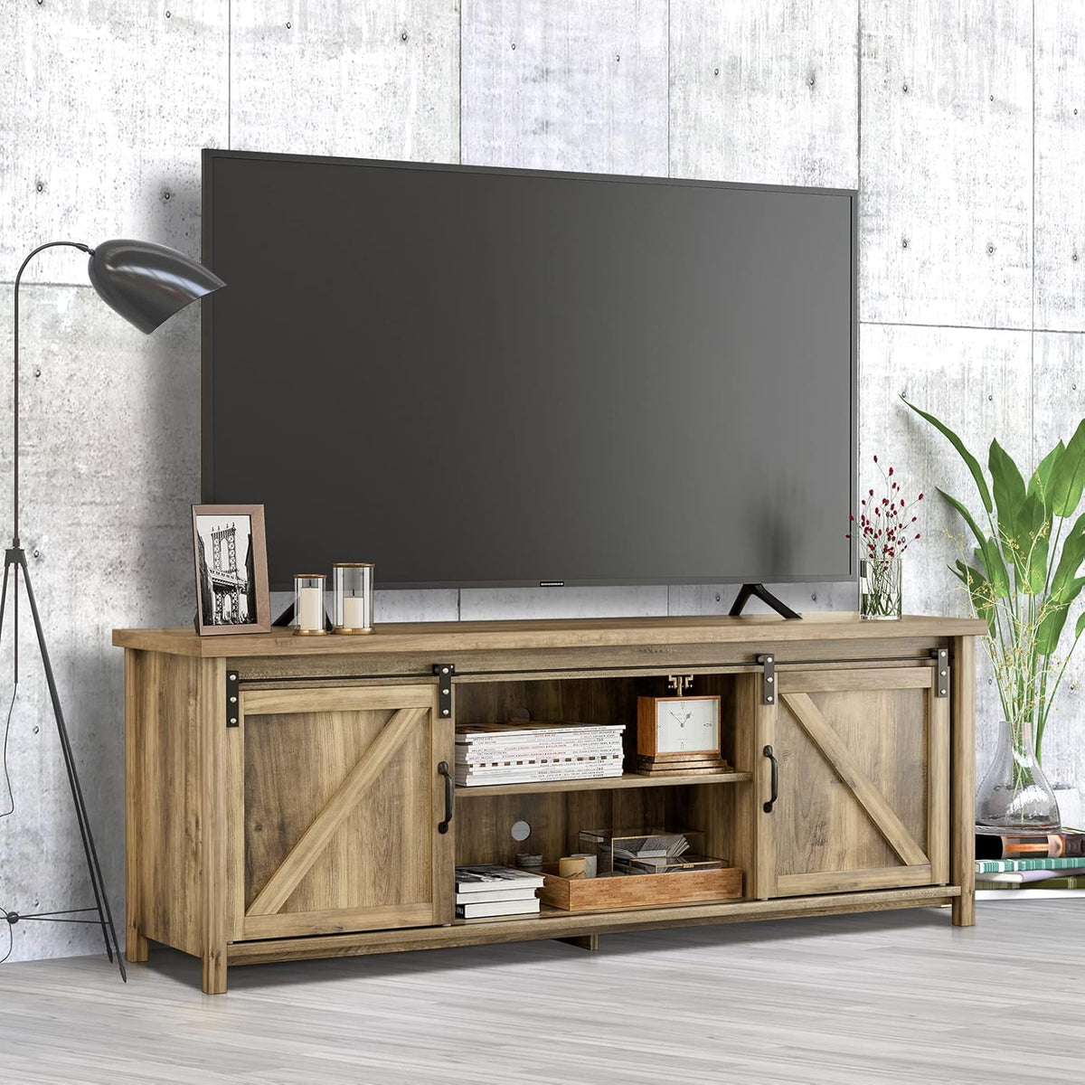 Farmhouse TV Stand for 65 inch TV with Sliding Barn Door M590