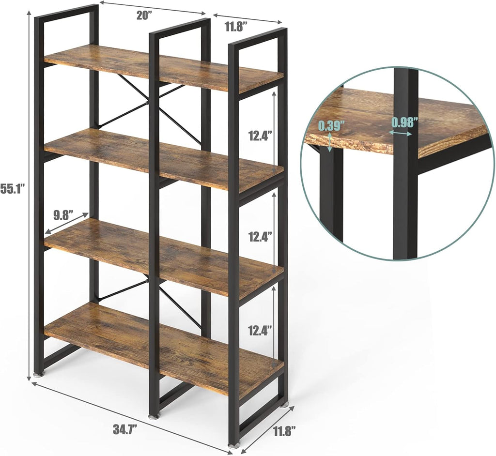 4 Tiers Double Wide Rustic Brown Bookshelf with Metal Frame N580