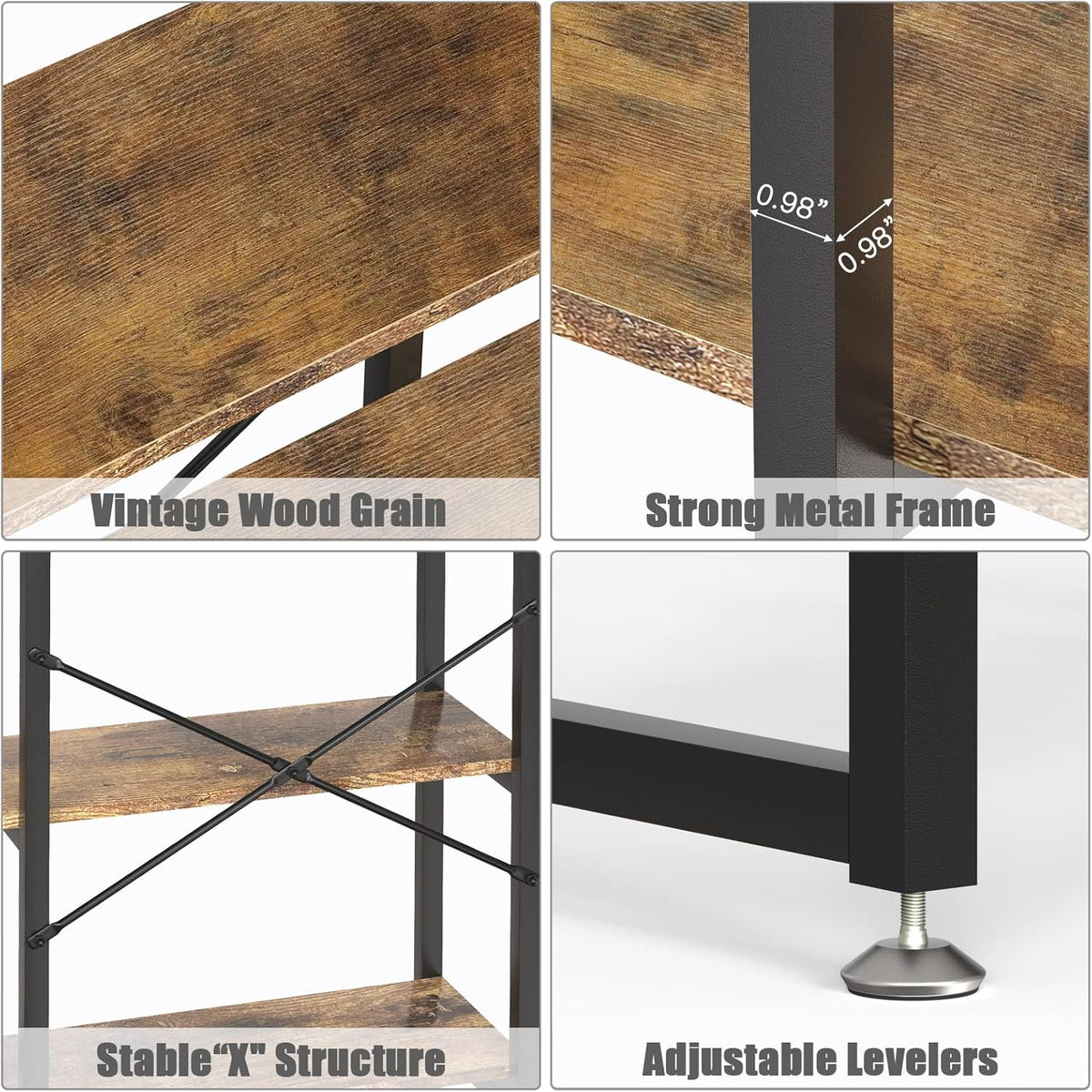 4 Tiers Double Wide Rustic Brown Bookshelf with Metal Frame N580