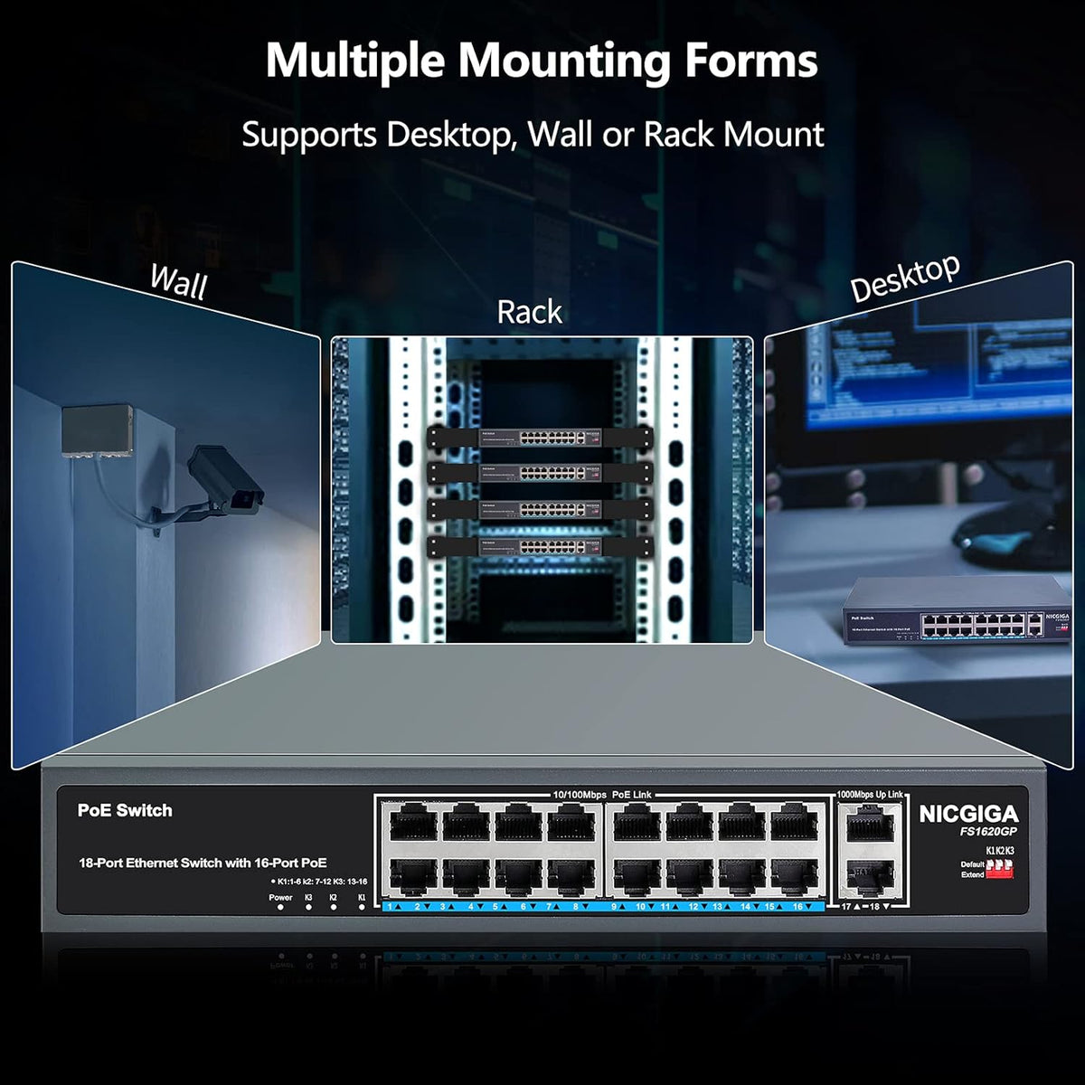 16 Port PoE Switch with 2 Gigabit Uplink F90720