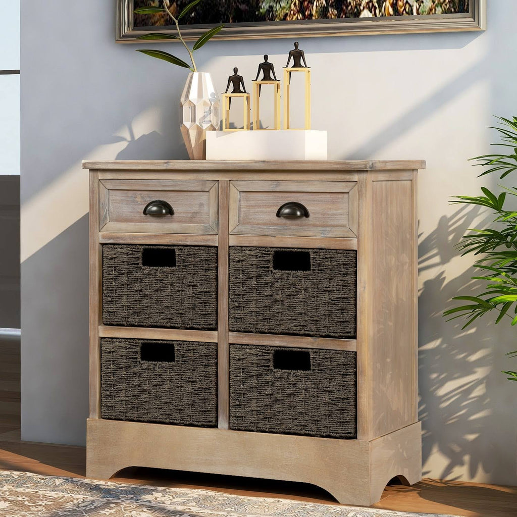 Rustic Storage Cabinet with 2 Drawers and 4 Fabric Basket S8919
