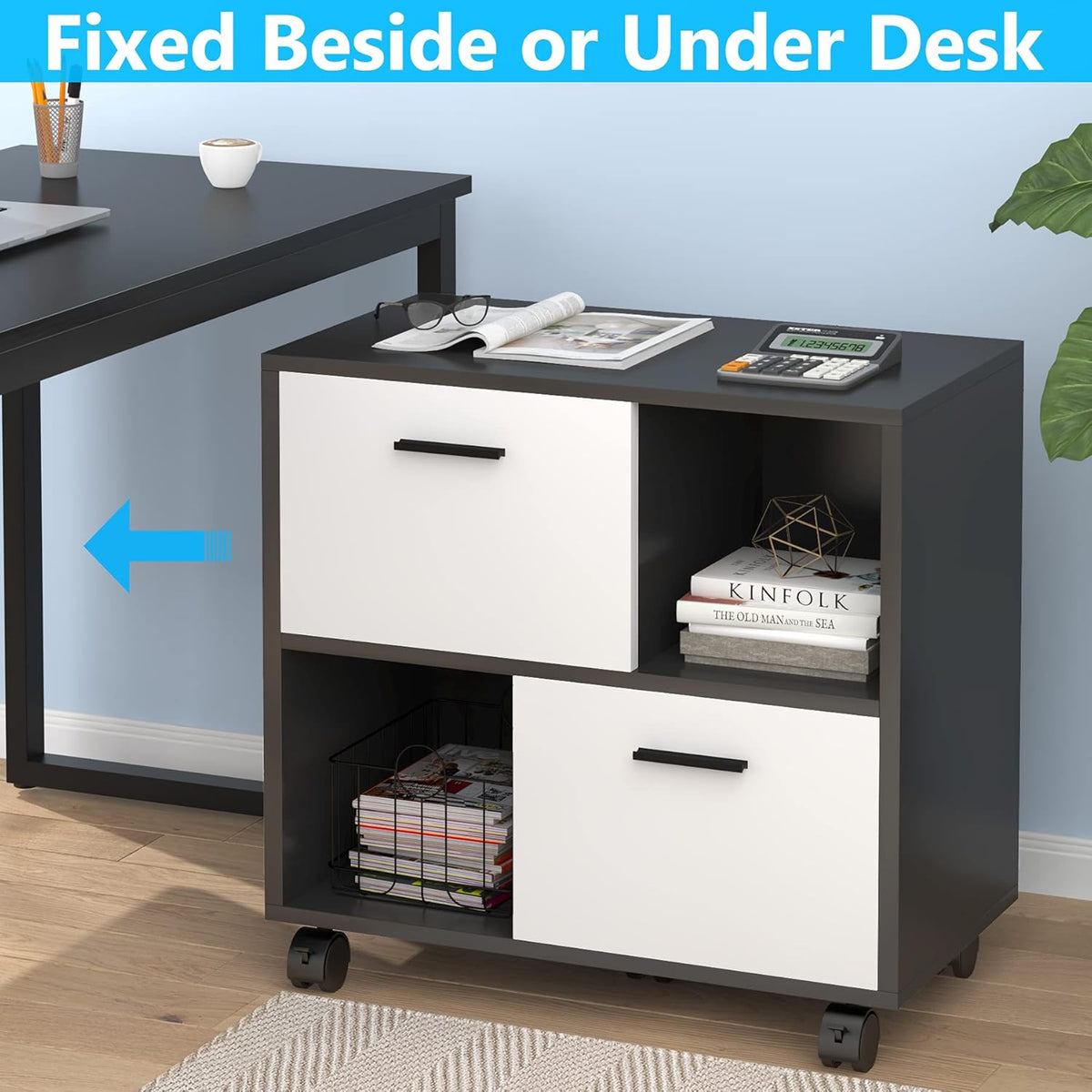 2 Drawer Wood File Cabinet with Wheels B5469