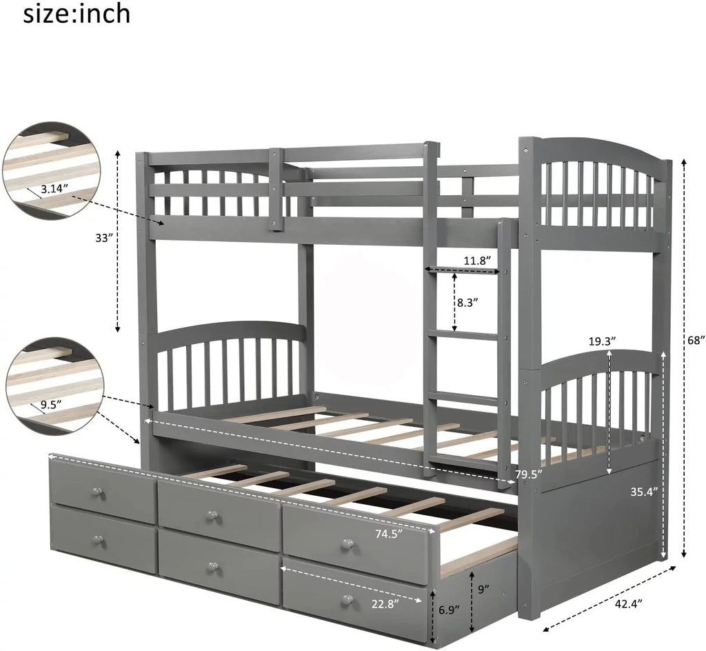 Wood Bunk Bed with Ladder Storage Drawers Safety Rail Trundle Gray Z49137