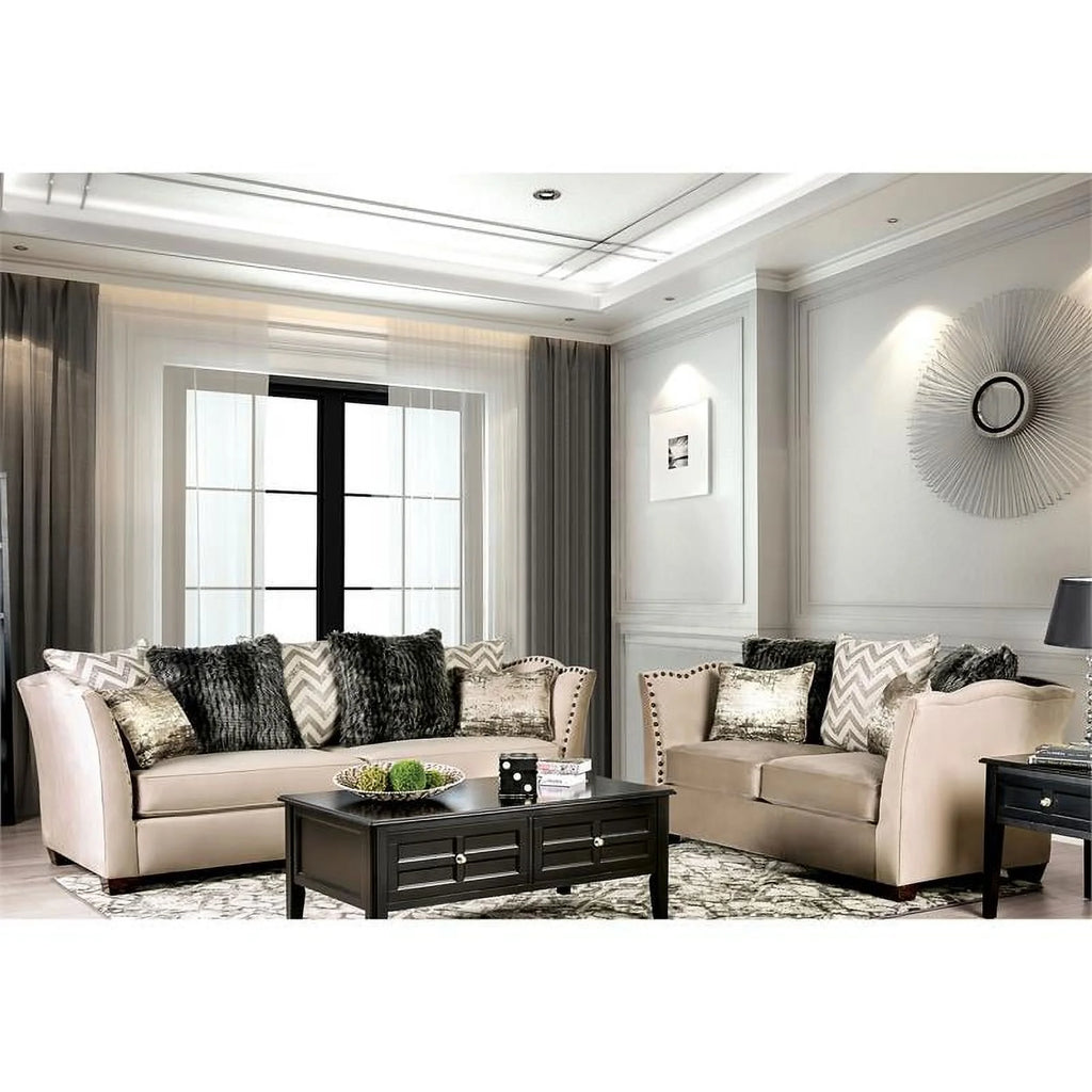 Beige Fabric Nailhead Loveseat U989365