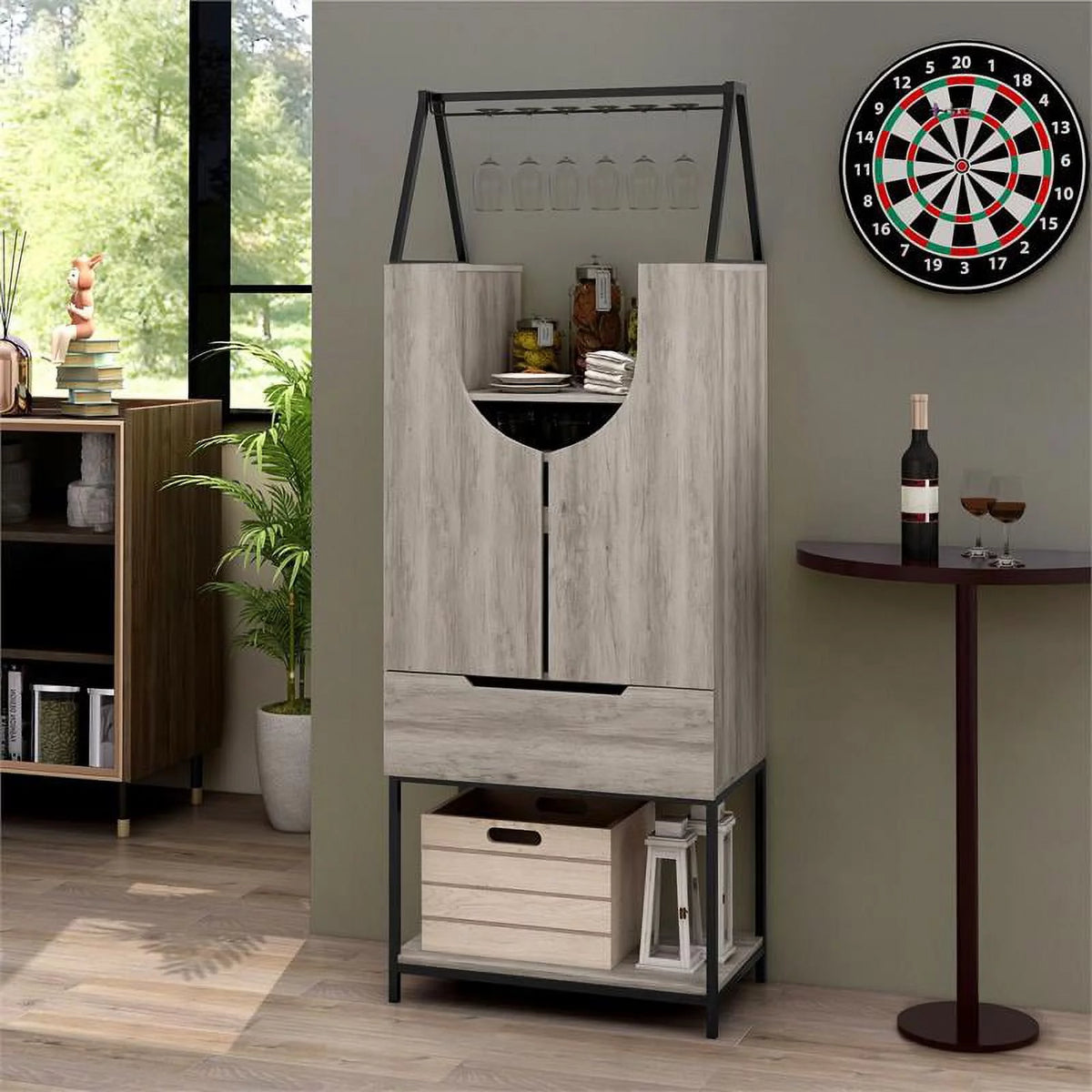 Vintage Gray Oak Wood Wine Cabinet P2975
