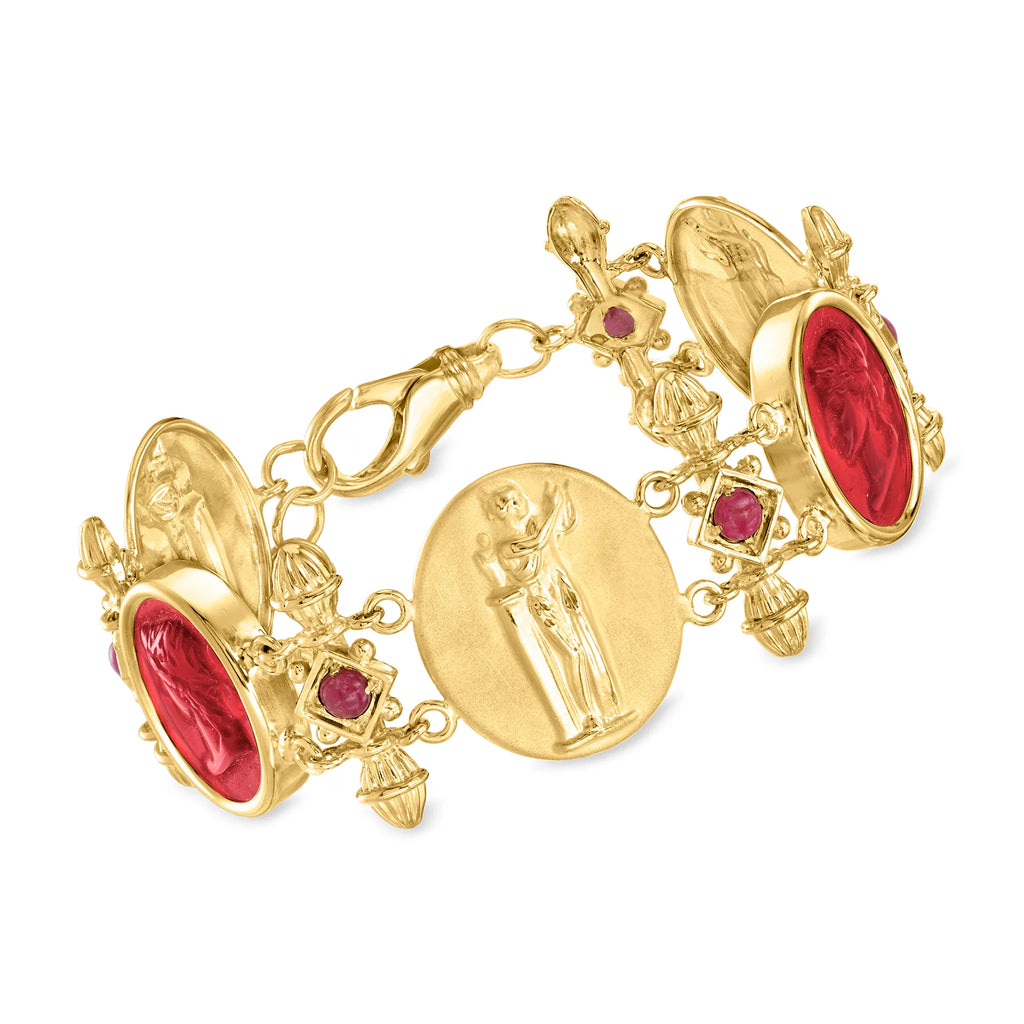 Red Venetian Glass Bracelet With Rubies in 18kt Gold Over Sterling Z410