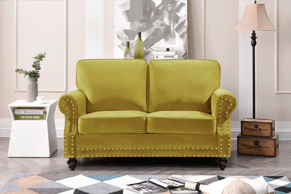 Yellow Velvet Rolled Arm Loveseat H4655