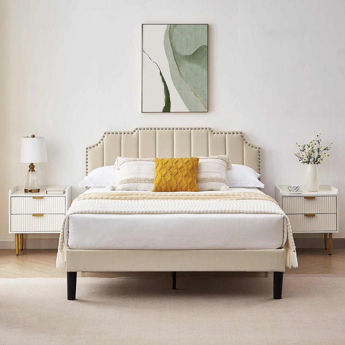Queen Size Upholstered Platform Bed Frame with Nailhead Trim H33820