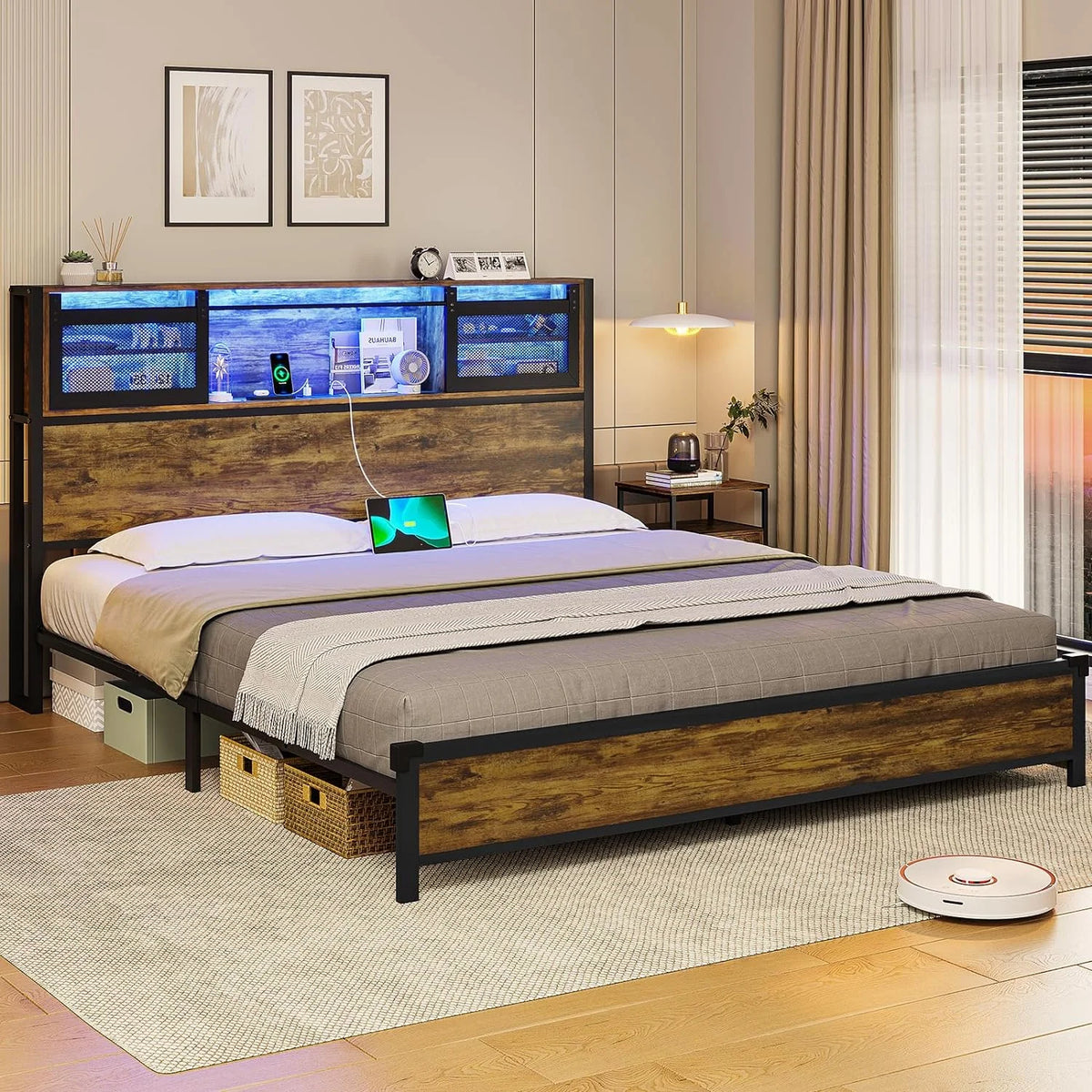 Queen Size Metal Platform Bed Frame with Storage Headboard and 4 Drawers X23921