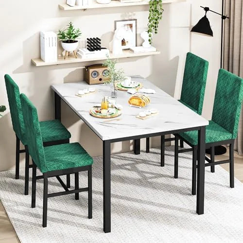 Dining Table and Chairs Set of 4 Faux Marble White J184