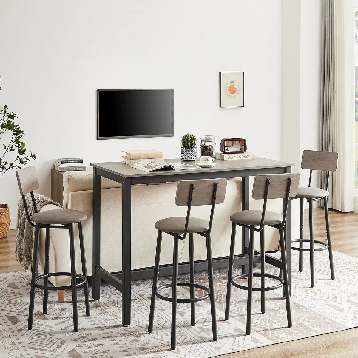 Modern Grey Bar Table and Chair Set of 5 with Backrest I619817