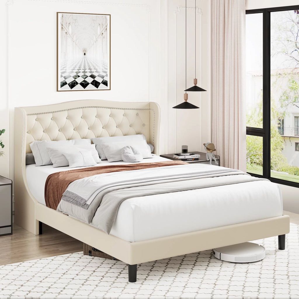 King Bed Frame with Wing-Back Button Tufted Upholstered Headboard R580527