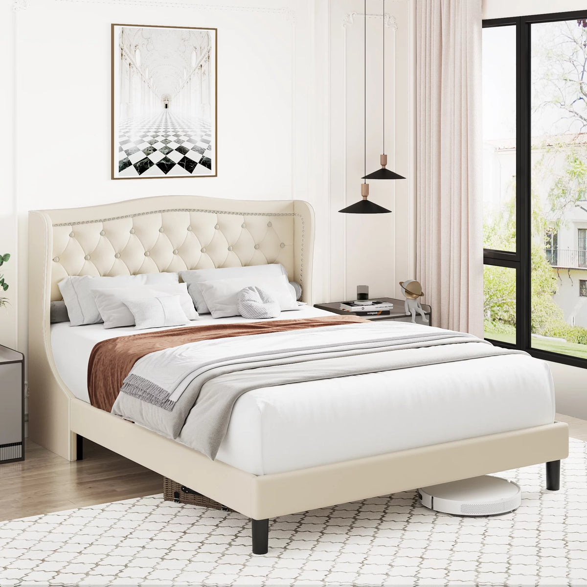 King Bed Frame with Wing-Back Button Tufted Upholstered Headboard R580527