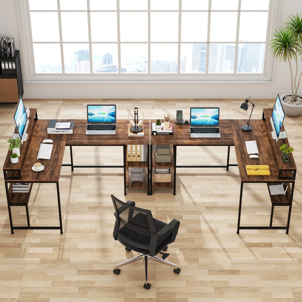 59" L Shaped Desk with Monitor Stand and Storage Shelf B826